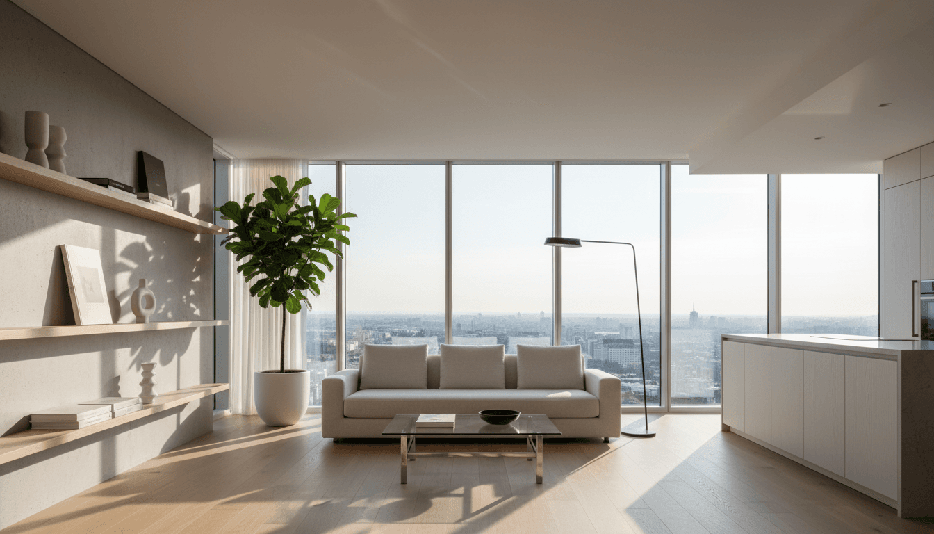 Modern luxury apartment interior with contemporary furnishings and expansive city views